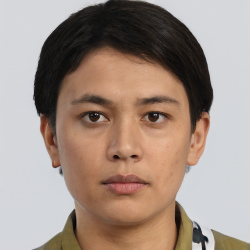Neutral asian young-adult male with short  brown hair and brown eyes