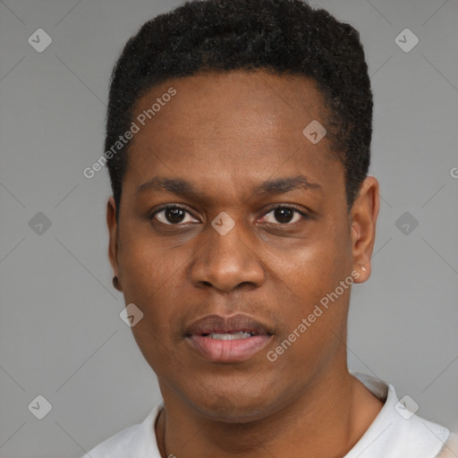 Neutral black young-adult male with short  black hair and brown eyes