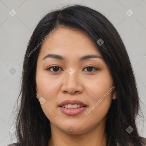 Joyful latino young-adult female with long  brown hair and brown eyes