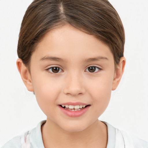 Joyful white child female with short  brown hair and brown eyes