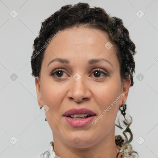 Joyful white adult female with short  brown hair and brown eyes