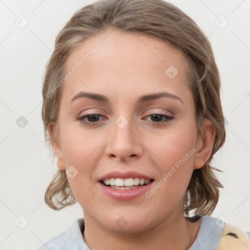 Joyful white young-adult female with medium  brown hair and grey eyes