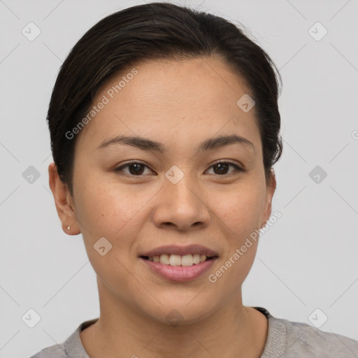 Joyful asian young-adult female with short  brown hair and brown eyes