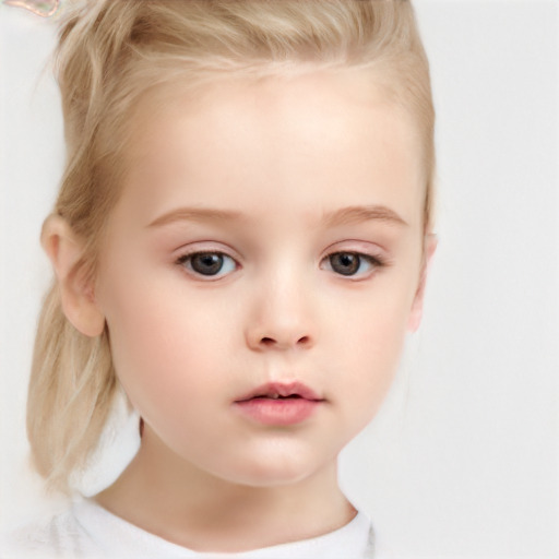 Neutral white child female with medium  brown hair and blue eyes