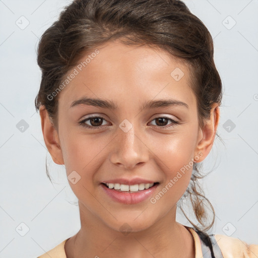 Joyful white child female with medium  brown hair and brown eyes