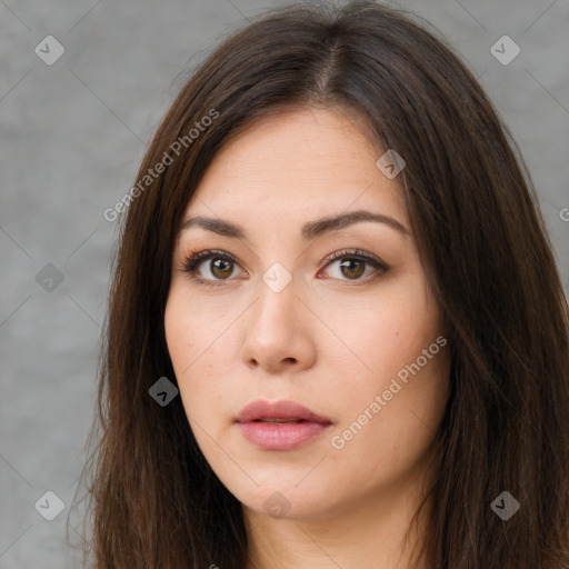 Neutral white young-adult female with long  brown hair and brown eyes