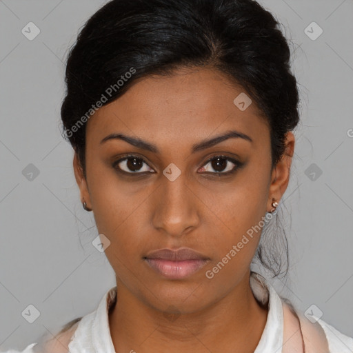 Neutral black young-adult female with medium  brown hair and brown eyes