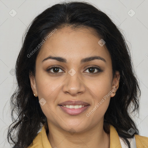 Joyful latino young-adult female with long  brown hair and brown eyes