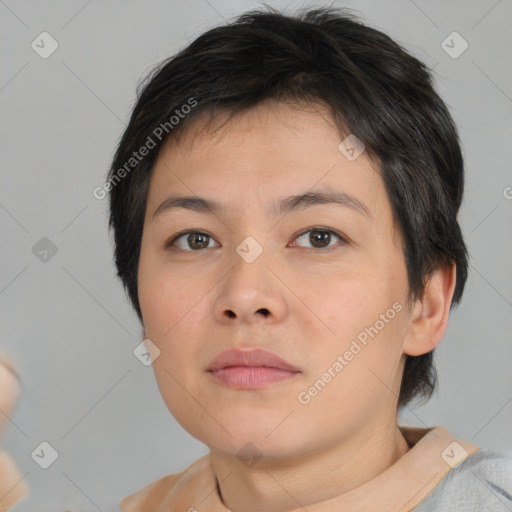 Neutral asian young-adult female with short  brown hair and brown eyes