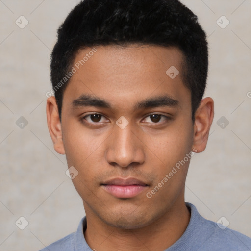 Neutral latino young-adult male with short  black hair and brown eyes