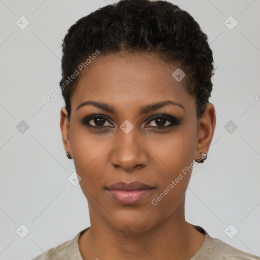 Neutral black young-adult female with short  brown hair and brown eyes