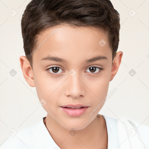 Joyful white child male with short  brown hair and brown eyes