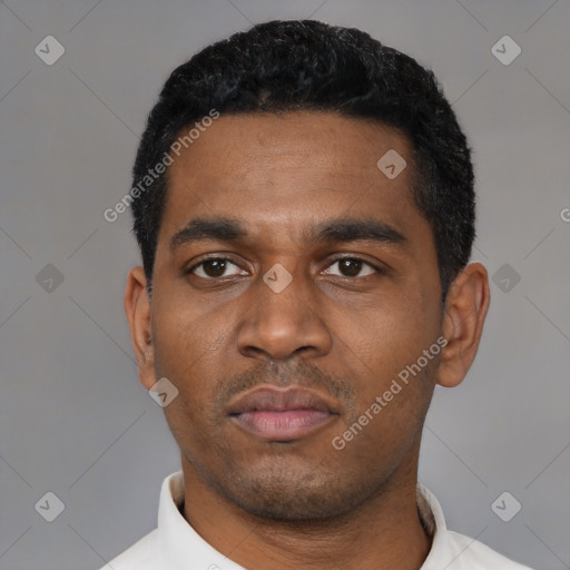 Neutral latino adult male with short  black hair and brown eyes