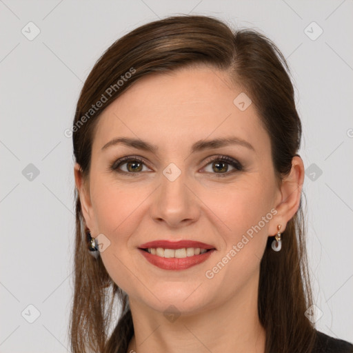 Joyful white young-adult female with long  brown hair and grey eyes