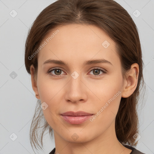 Neutral white young-adult female with medium  brown hair and brown eyes