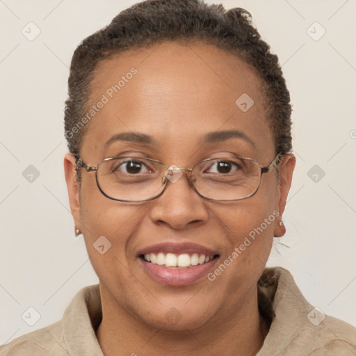 Joyful white adult female with short  brown hair and brown eyes