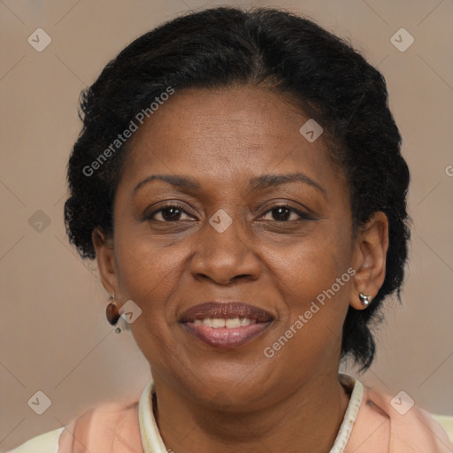 Joyful latino adult female with short  brown hair and brown eyes