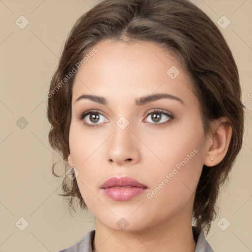 Neutral white young-adult female with medium  brown hair and brown eyes