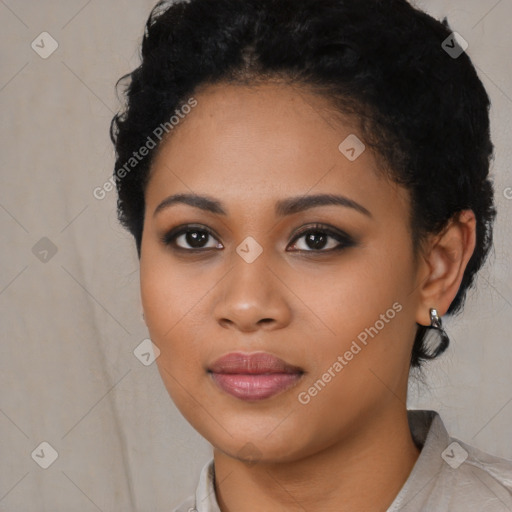 Joyful latino young-adult female with short  black hair and brown eyes