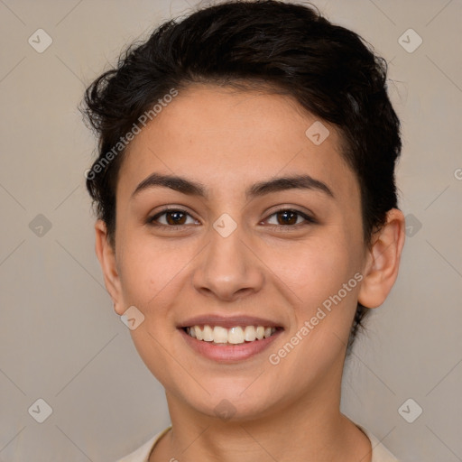 Joyful white young-adult female with short  brown hair and brown eyes