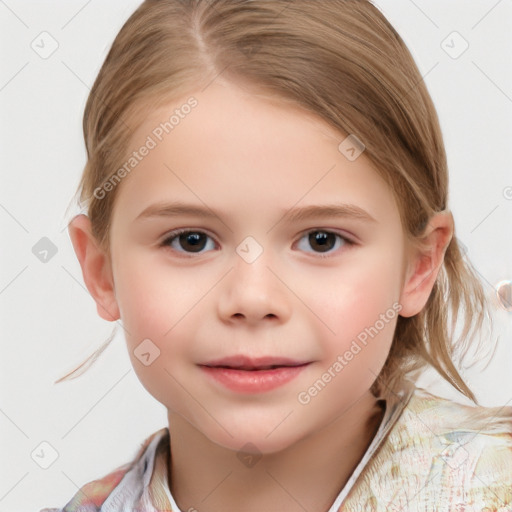 Joyful white child female with medium  brown hair and blue eyes