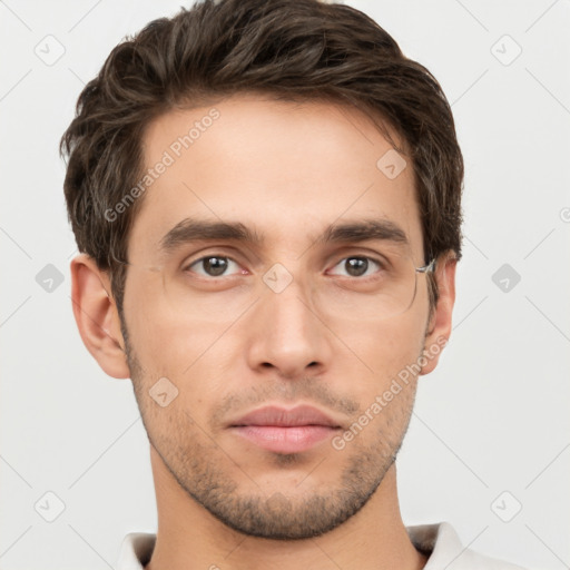 Neutral white young-adult male with short  brown hair and brown eyes