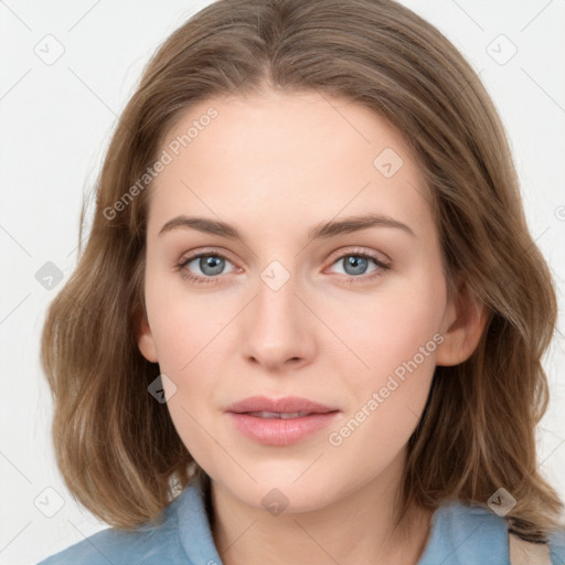 Neutral white young-adult female with medium  brown hair and grey eyes