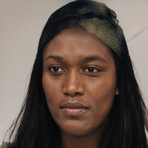 Neutral asian young-adult female with long  black hair and brown eyes