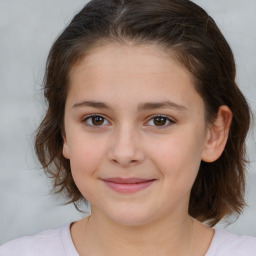 Joyful white child female with medium  brown hair and brown eyes