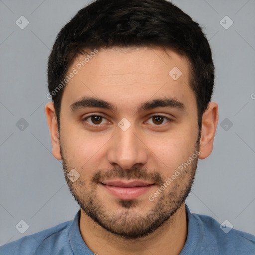 Joyful white young-adult male with short  black hair and brown eyes