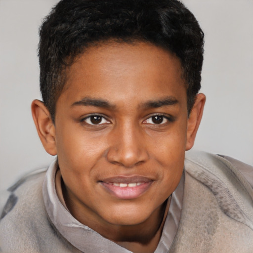 Joyful black young-adult male with short  brown hair and brown eyes