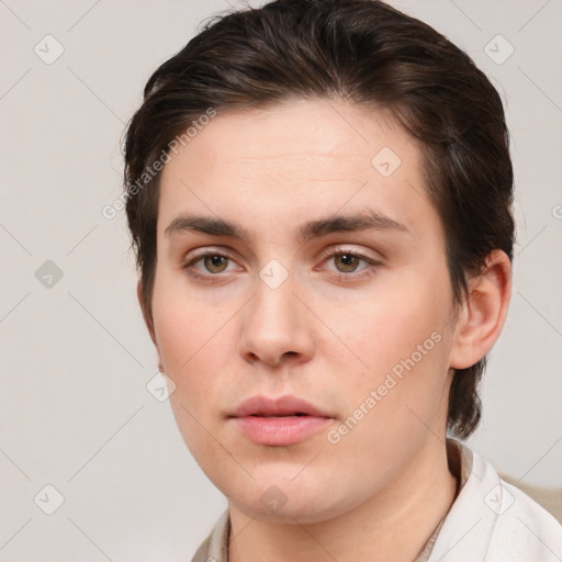 Neutral white young-adult female with short  brown hair and brown eyes