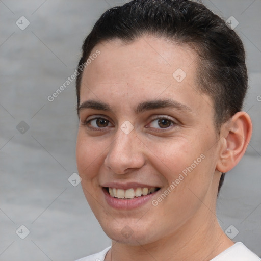 Joyful white young-adult female with short  brown hair and brown eyes