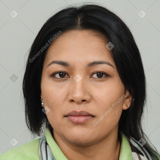 Neutral asian young-adult female with medium  black hair and brown eyes