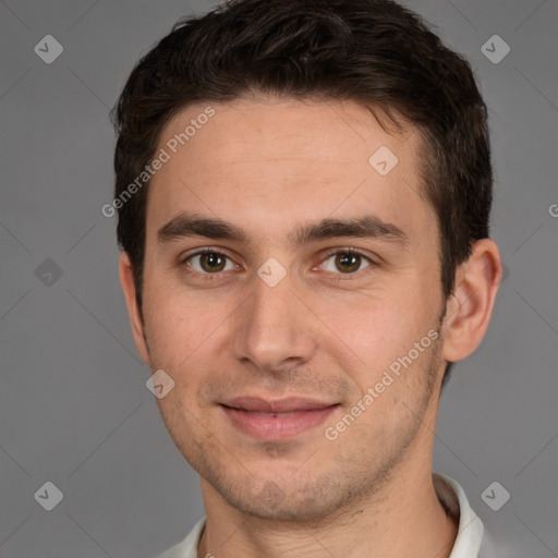 Joyful white young-adult male with short  brown hair and brown eyes