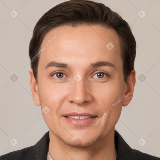 Joyful white young-adult male with short  brown hair and brown eyes