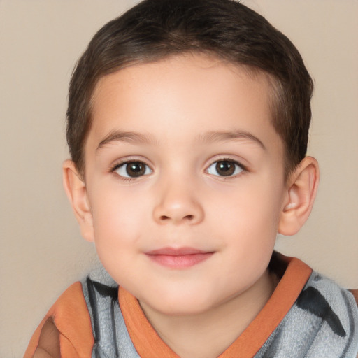 Joyful white child female with short  brown hair and brown eyes