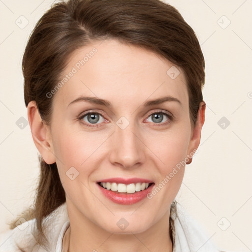 Joyful white young-adult female with long  brown hair and blue eyes