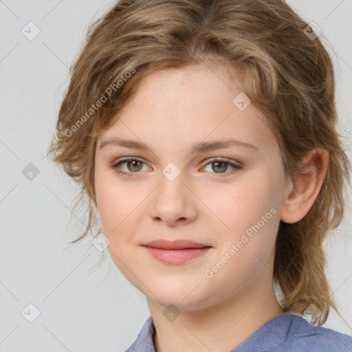 Joyful white child female with medium  brown hair and brown eyes