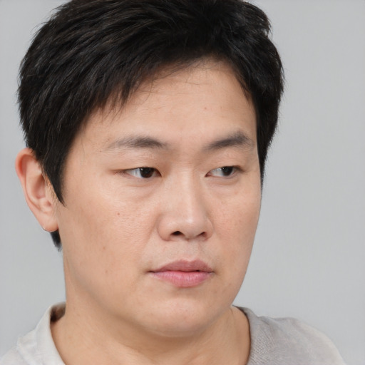 Neutral asian young-adult male with short  brown hair and brown eyes