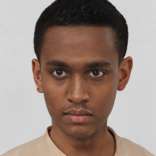 Neutral black young-adult male with short  black hair and brown eyes