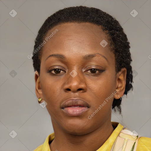 Neutral black young-adult female with short  brown hair and brown eyes