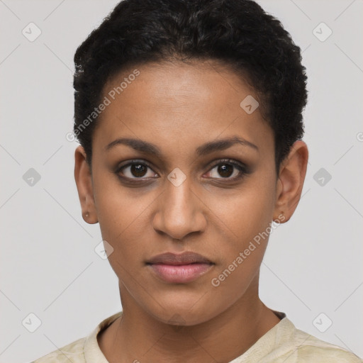 Neutral latino young-adult female with short  black hair and brown eyes