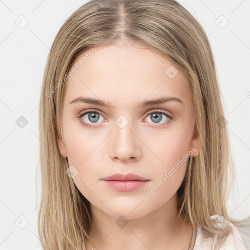 Neutral white young-adult female with long  brown hair and green eyes