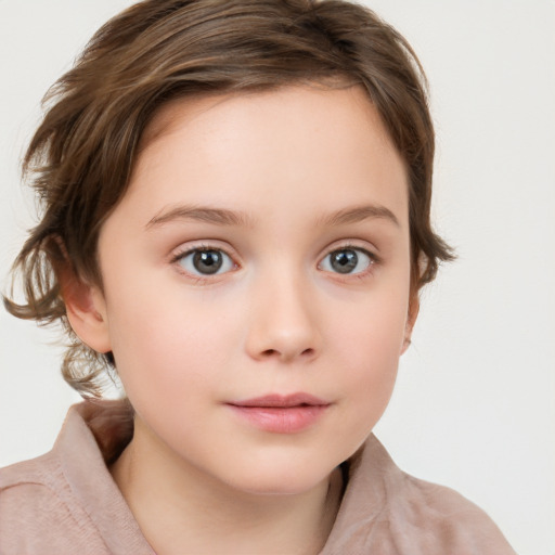 Neutral white child female with medium  brown hair and grey eyes