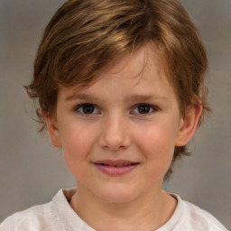 Joyful white child female with medium  brown hair and brown eyes