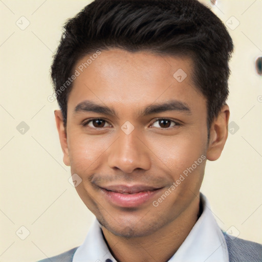 Joyful latino young-adult male with short  brown hair and brown eyes