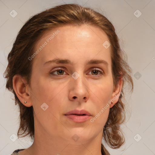 Neutral white young-adult female with medium  brown hair and brown eyes