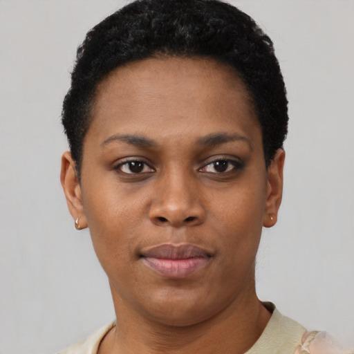 Neutral latino young-adult female with short  black hair and brown eyes