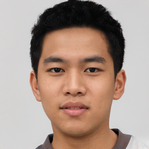Neutral asian young-adult male with short  black hair and brown eyes